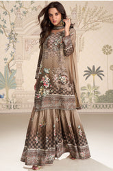 Brown Crepe Silk Mirror And Swarovski Embroidered Printed Suit With Gharara