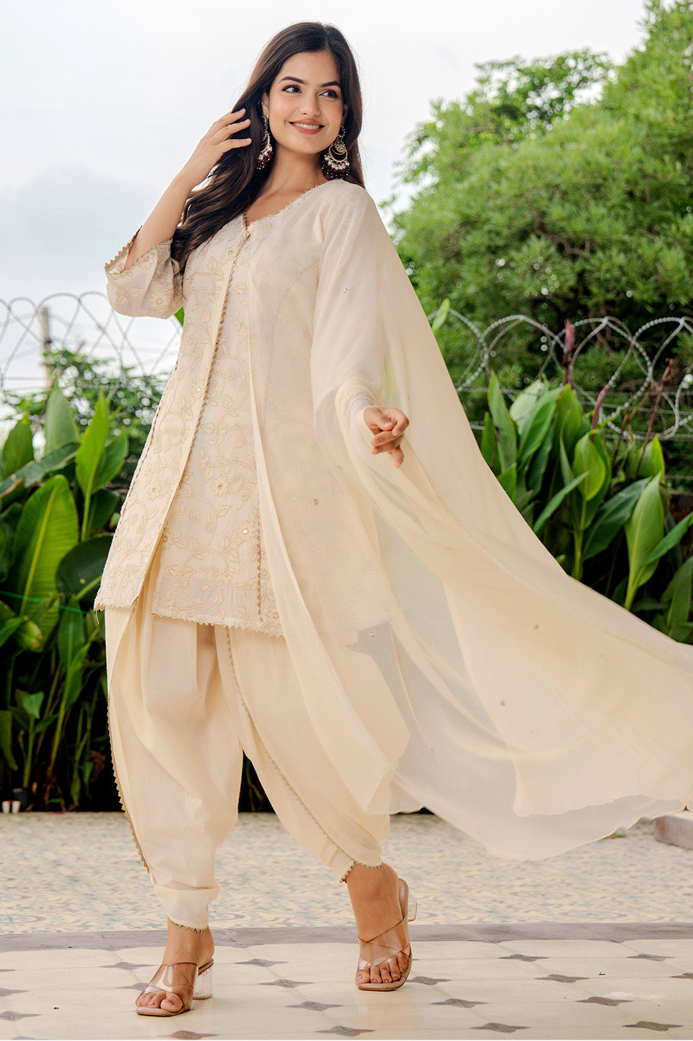 Cream Chanderi Chanderi Embroidered And Gota-Patti Work Suit With Dhoti Style Pant