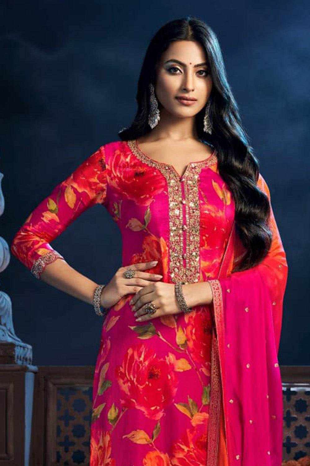 Fuchsia Pink Color Silk Floral Printed & Embroidered Suit
