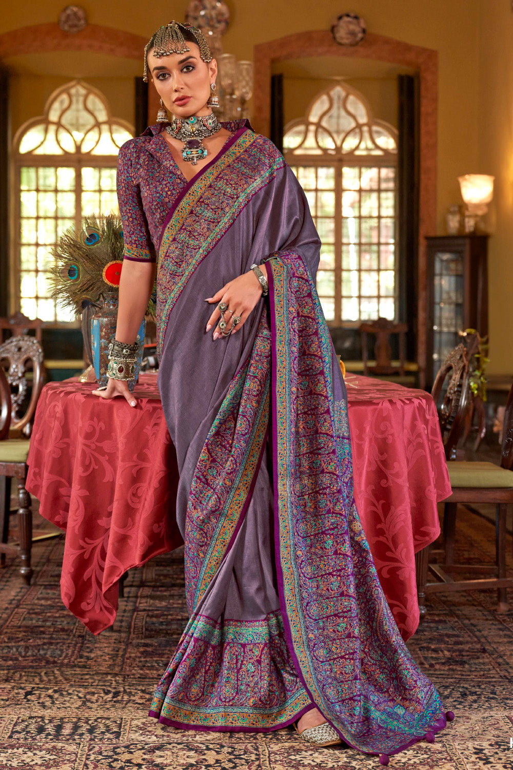 Dusty Mauve Color Printed Gajji Silk Saree