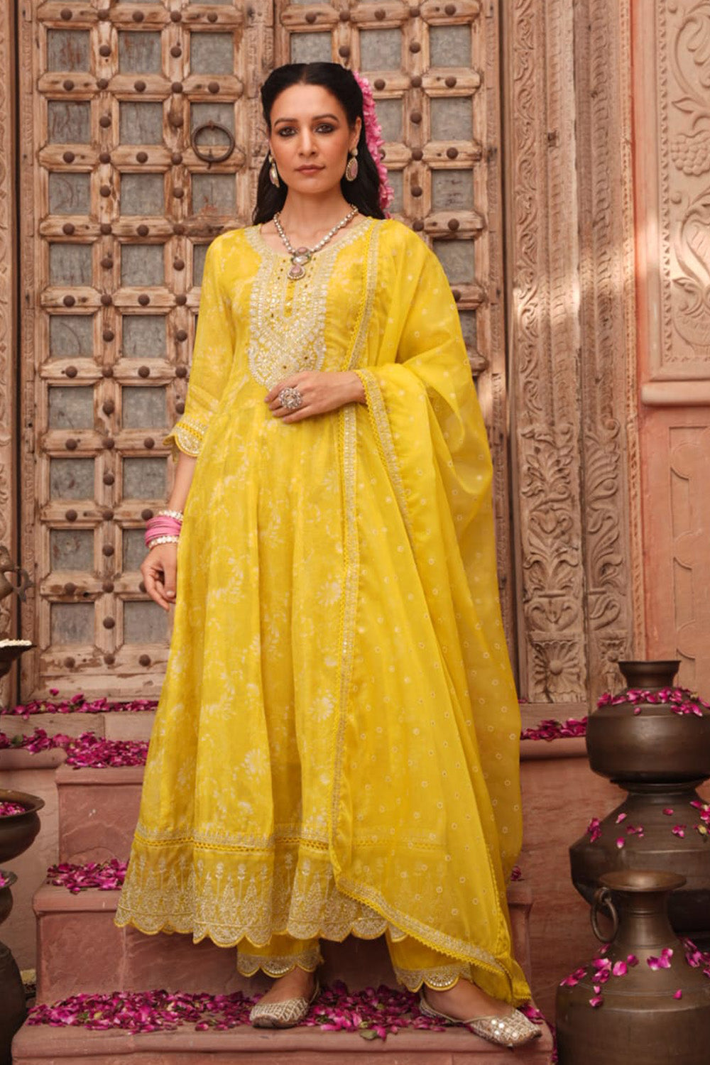 Yellow Color Organza Floral Printed Anarkali Suit Set