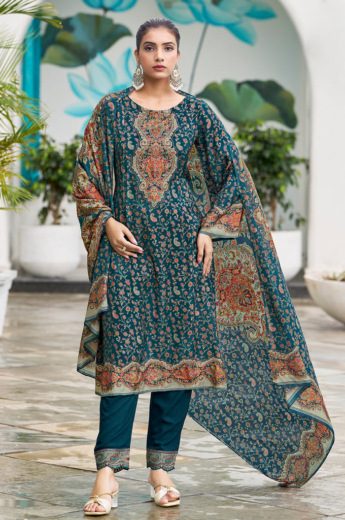 Teal Blue Muslin Floral Printed Unstitched Suit Material
