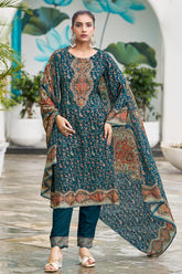 Teal Blue Muslin Floral Printed Unstitched Suit Material