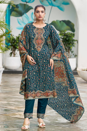 Teal Blue Muslin Floral Printed Unstitched Suit Material