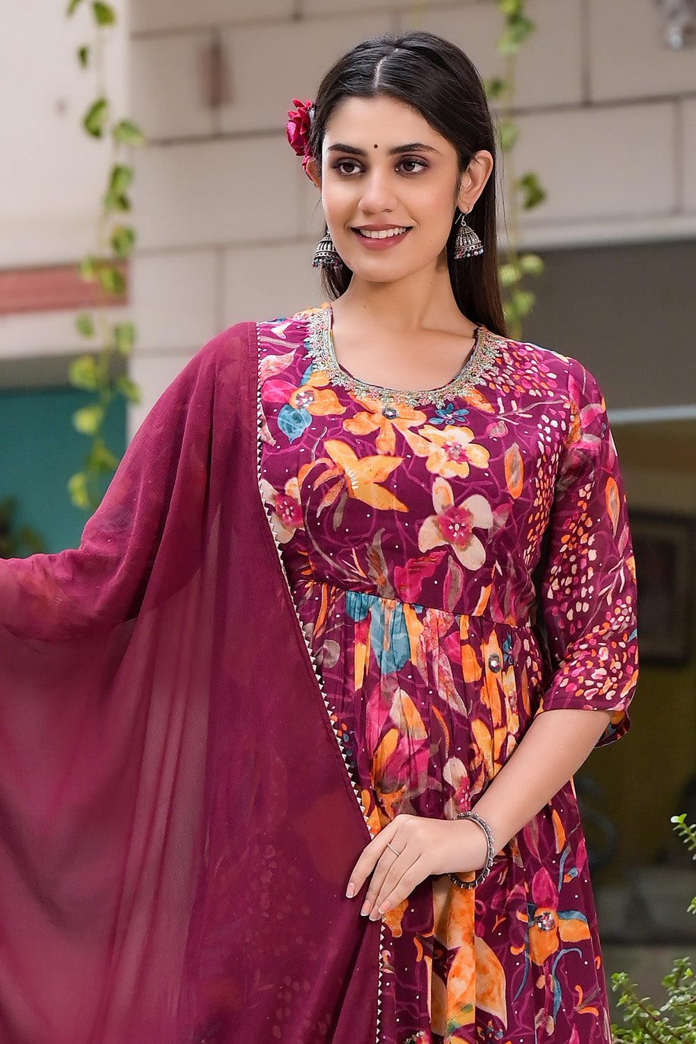 Wine Muslin Floral Printed & Neck Embroidered Suit