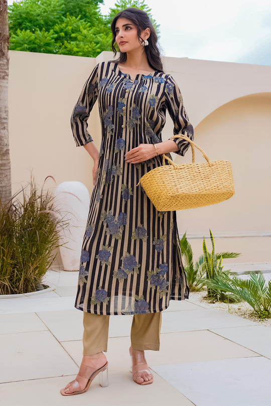 Black Muslin Floral Printed Kurta Set