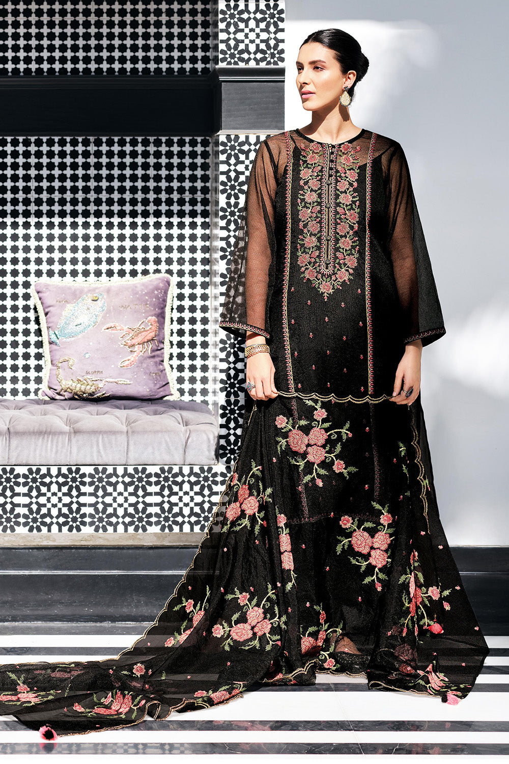 Black Kota Silk Double Layer Embroidered Unstitched Suit Fabric