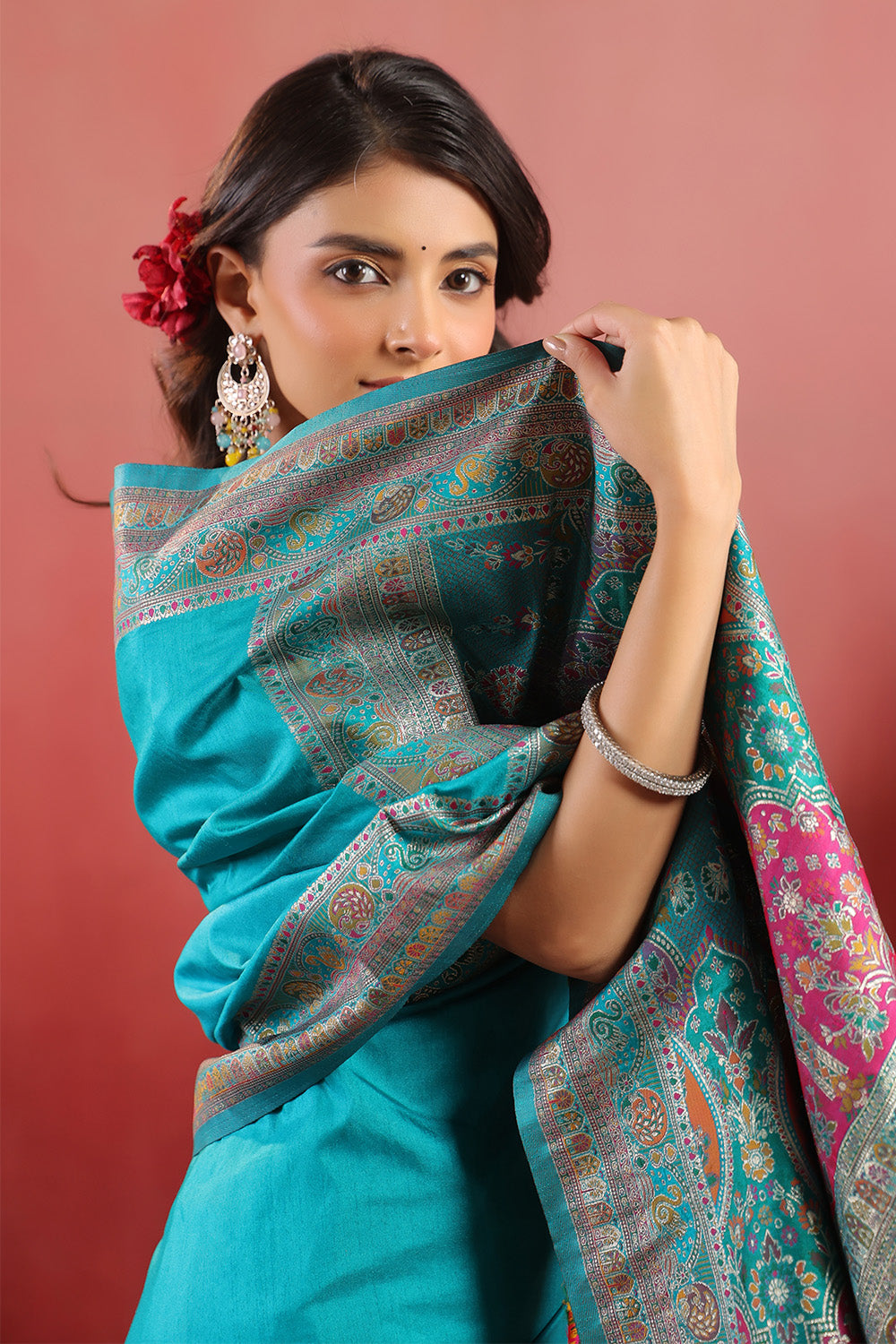 Teal Soft Silk Kalamkari Woven Saree