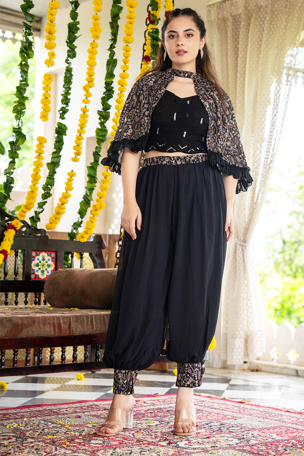 Black Color Georgette Embroidered Crop-top Set With Jacket