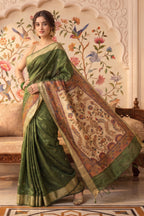 Green Cotton Printed And Woven Border Saree