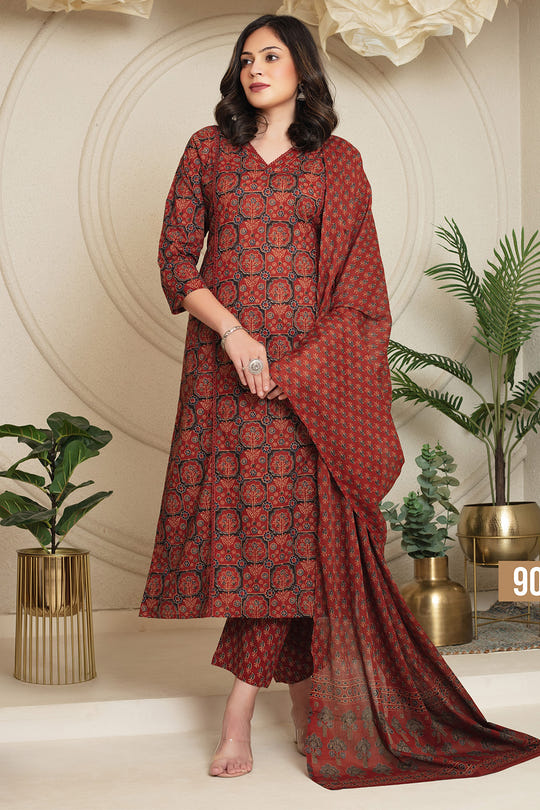 Maroon Cotton Floral Printed Suit Set