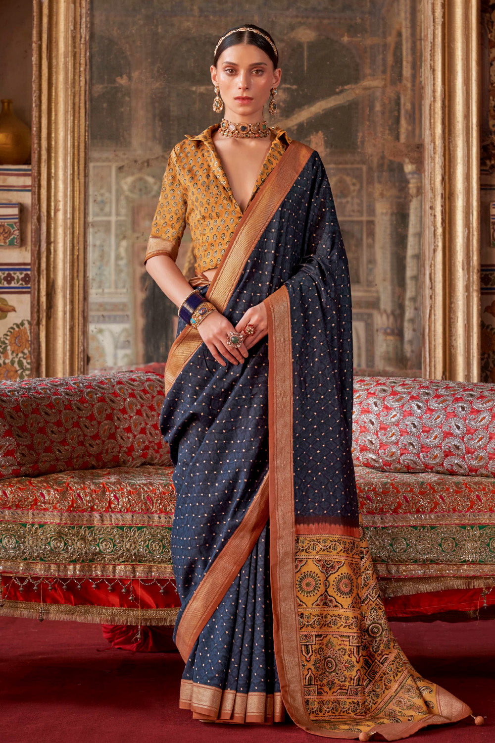 Navy & Mustard Color Bandhani Printed Gajji Silk Saree