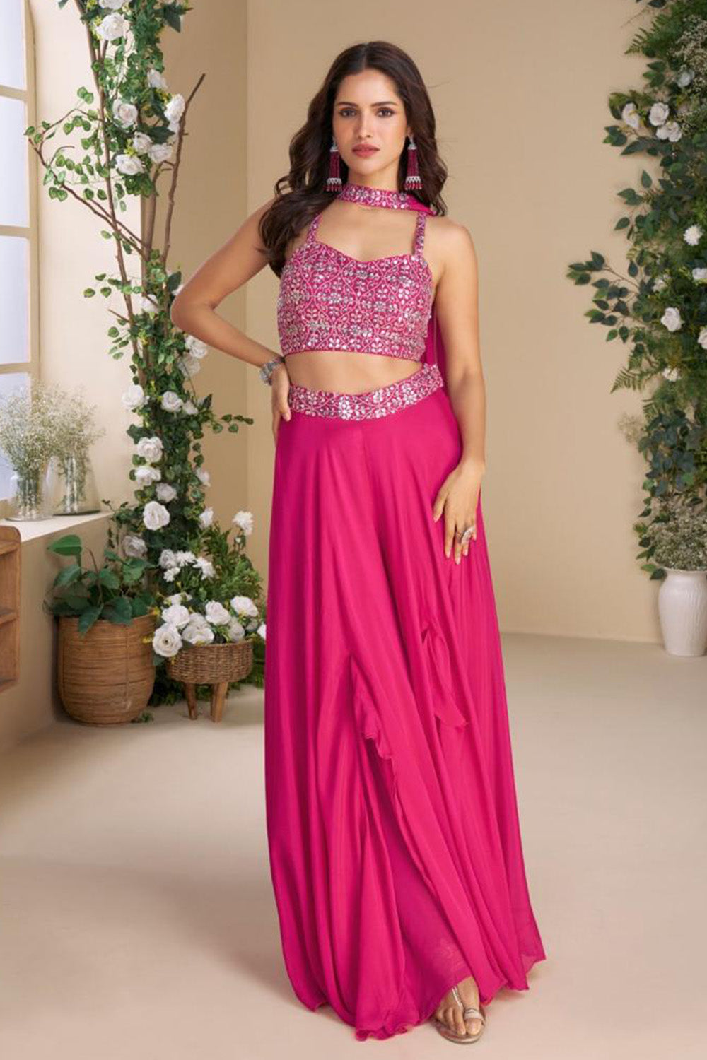 Hot Pink Silk Embroidered Choli Palazzo Set With Dupatta