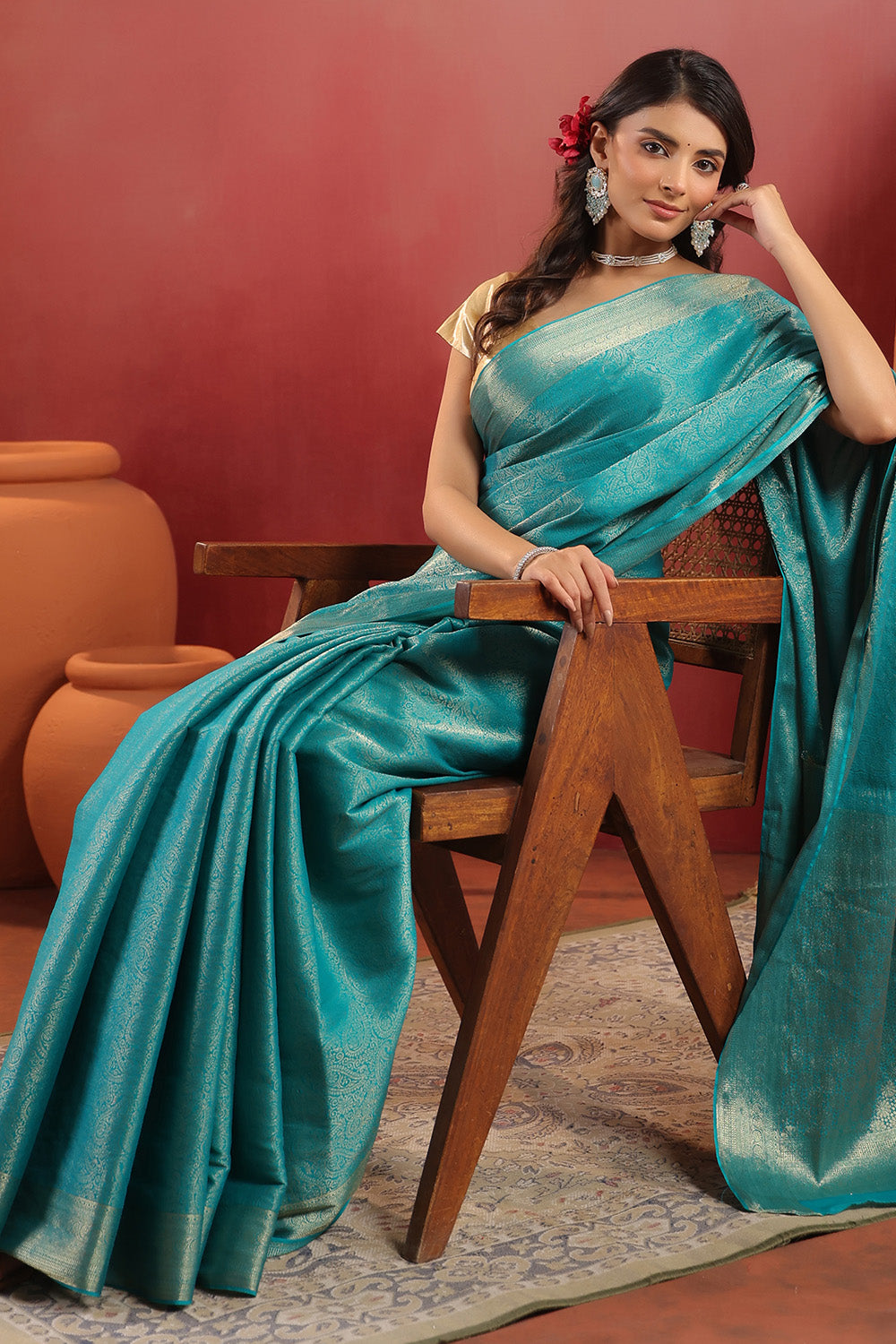Teal Color Zari Woven Soft Silk Saree