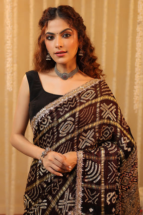 Brown Color Gharchola Pure Gajji Silk Printed And Embroidered Saree