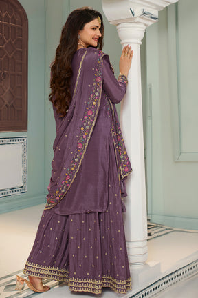 Midnight Purple Color Embroidered Crepe Unstitched Suit Material With Stitched Sharara