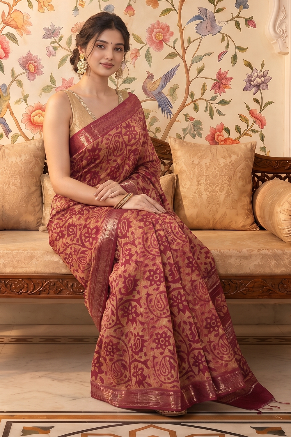 Red And Beige Cotton Printed And Woven Border Saree