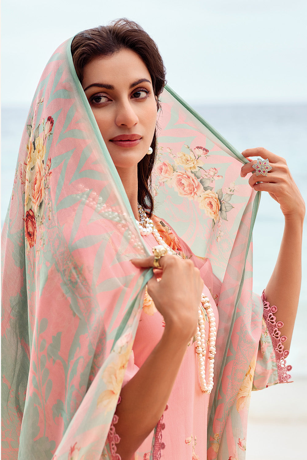Pink Color Floral Printed Organza Tissue Suit