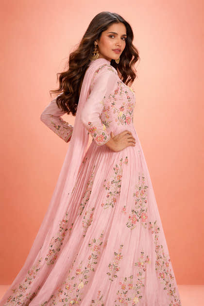 Baby Pink Crepe Silk Embroidered Anarkali Suit With Skirt