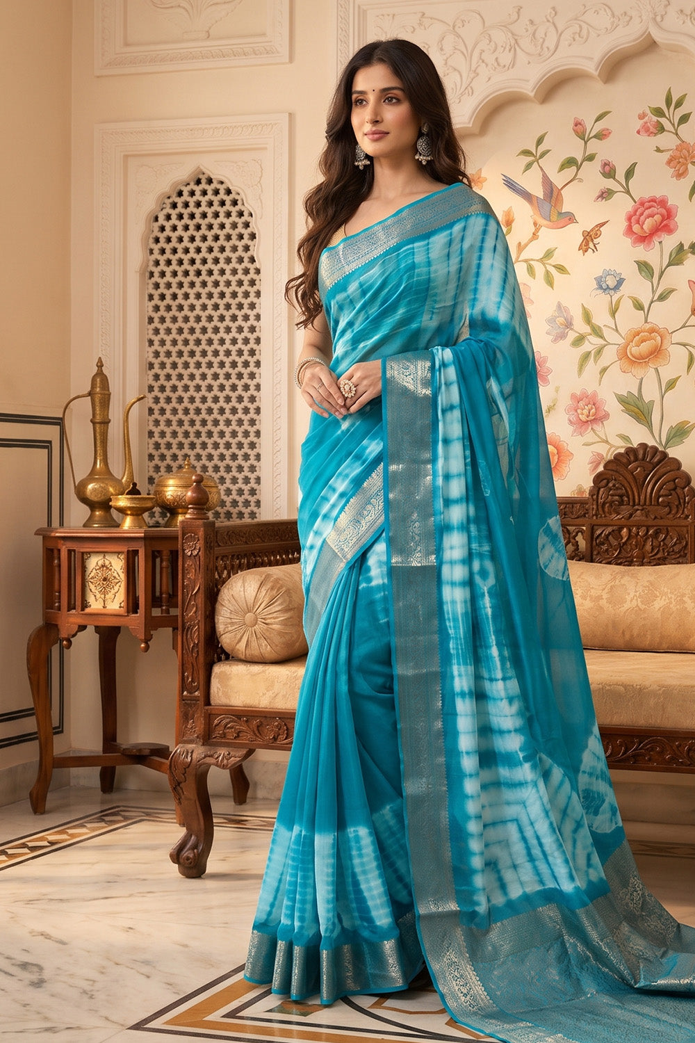 Turquoise Georgette Shibori Printed Saree
