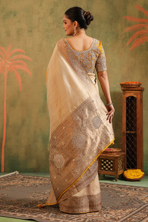 Beige & Mustard Pure Tussar Silk Woven And Embroidered Saree