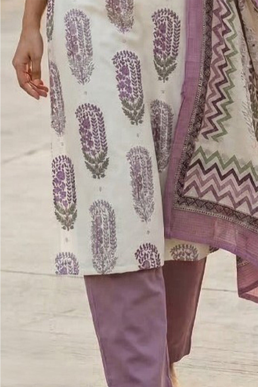 Cream And Mauve Hand-Block Printed Cotton Suit