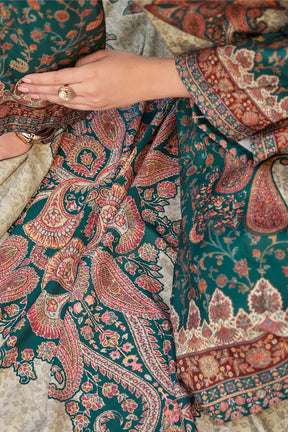 Teal & Beige Spun Mughal-Inspired Paisley Printed Unstitched Suits Material