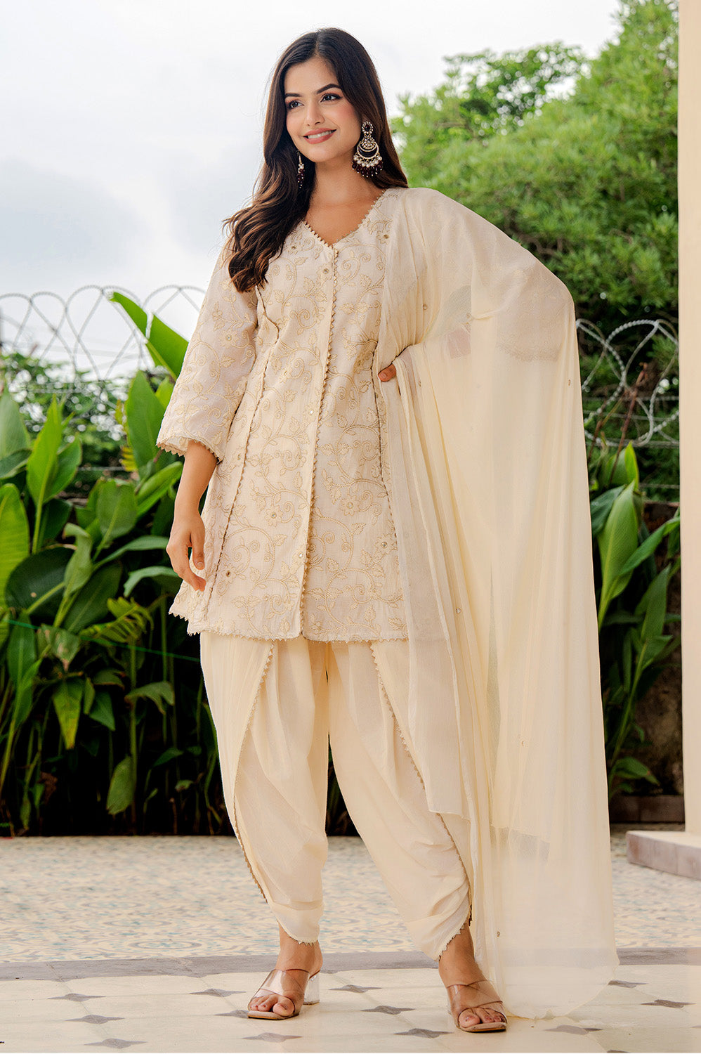 Cream Chanderi Chanderi Embroidered And Gota-Patti Work Suit With Dhoti Style Pant