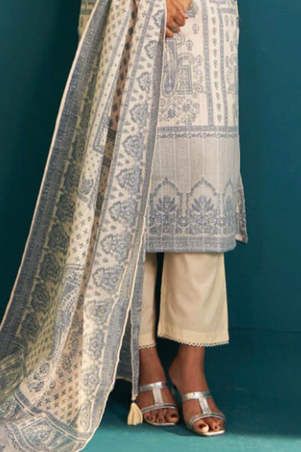 Cream and Blue Color Khadi Cotton Printed Suit