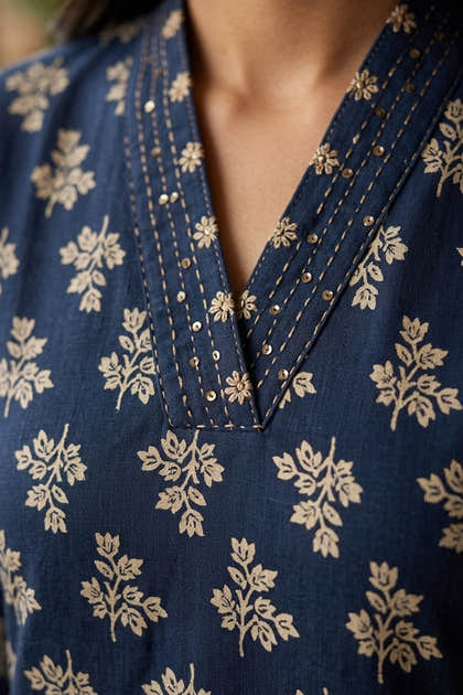 Navy Floral Printed Cotton Kurta