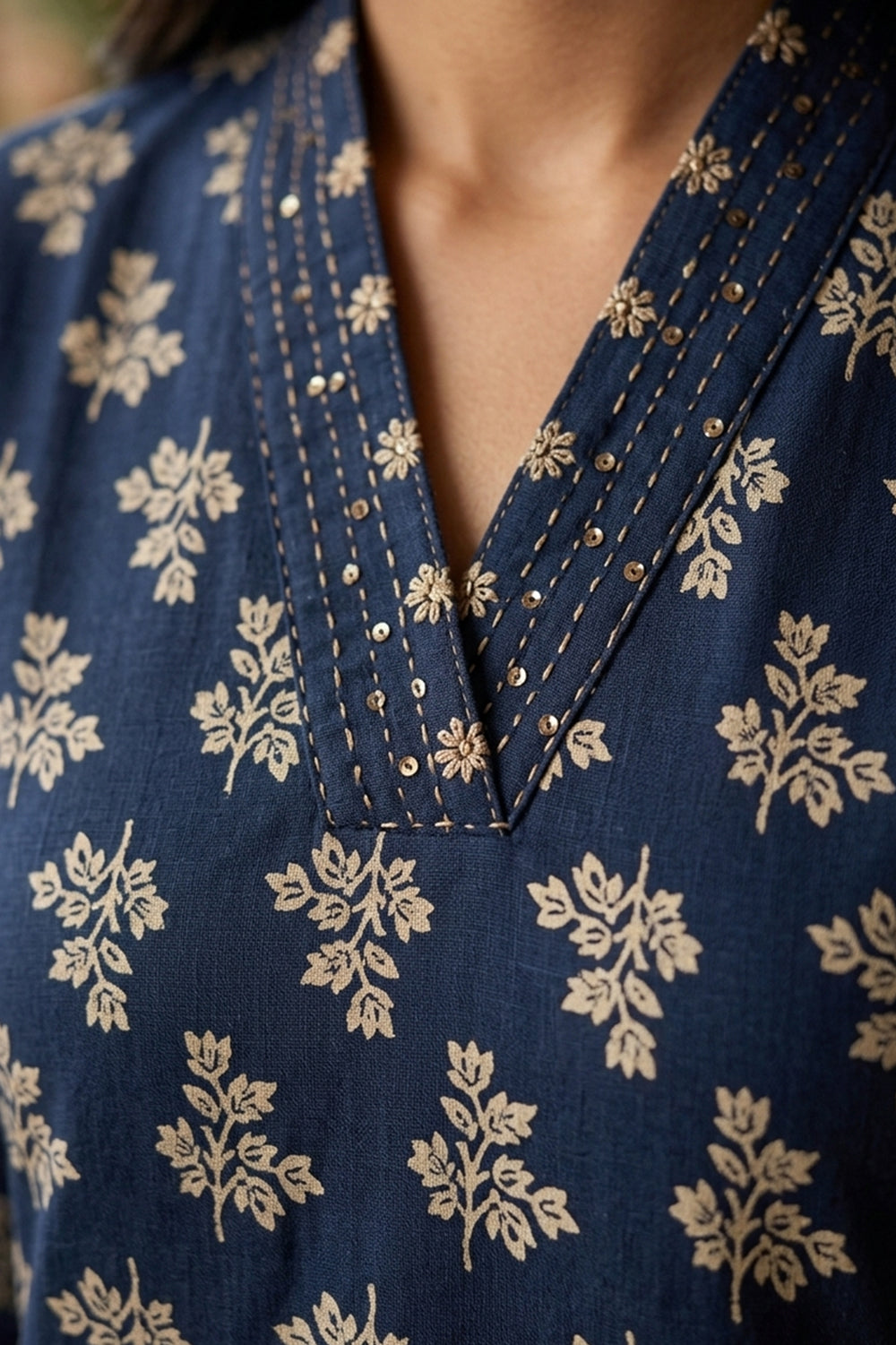 Navy Floral Printed Cotton Kurta