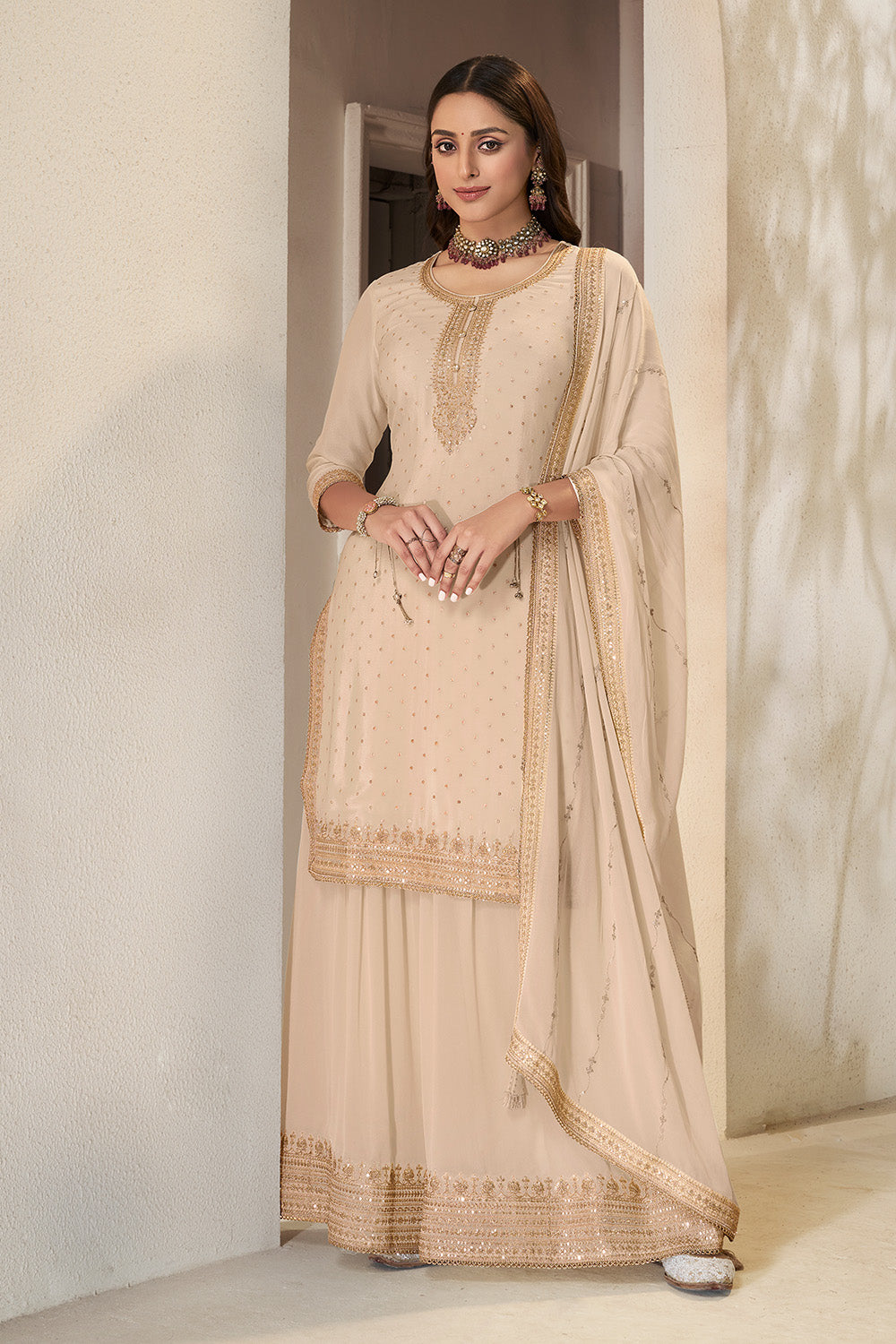 Cream Crepe Silk Zari Embroidered Suit With Embroidered Palazzo