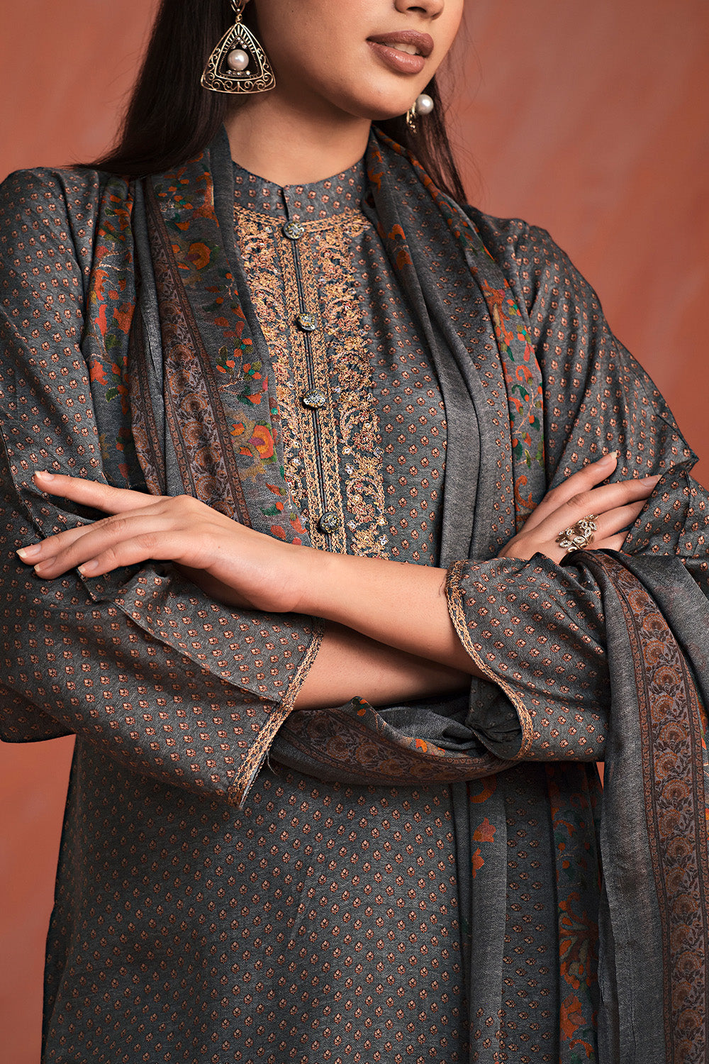 Grey Colour Printed Pashmina Unstitched Suit Fabric