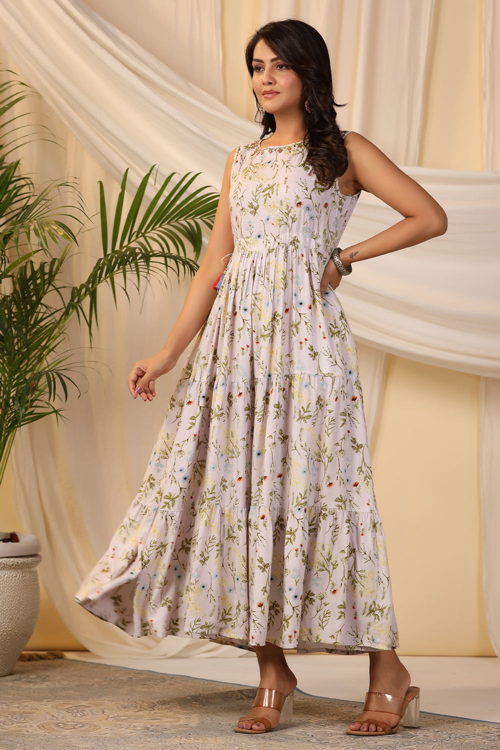 Cream Color Muslin Printed Peonies Dress