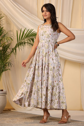 Cream Color Muslin Printed Peonies Dress