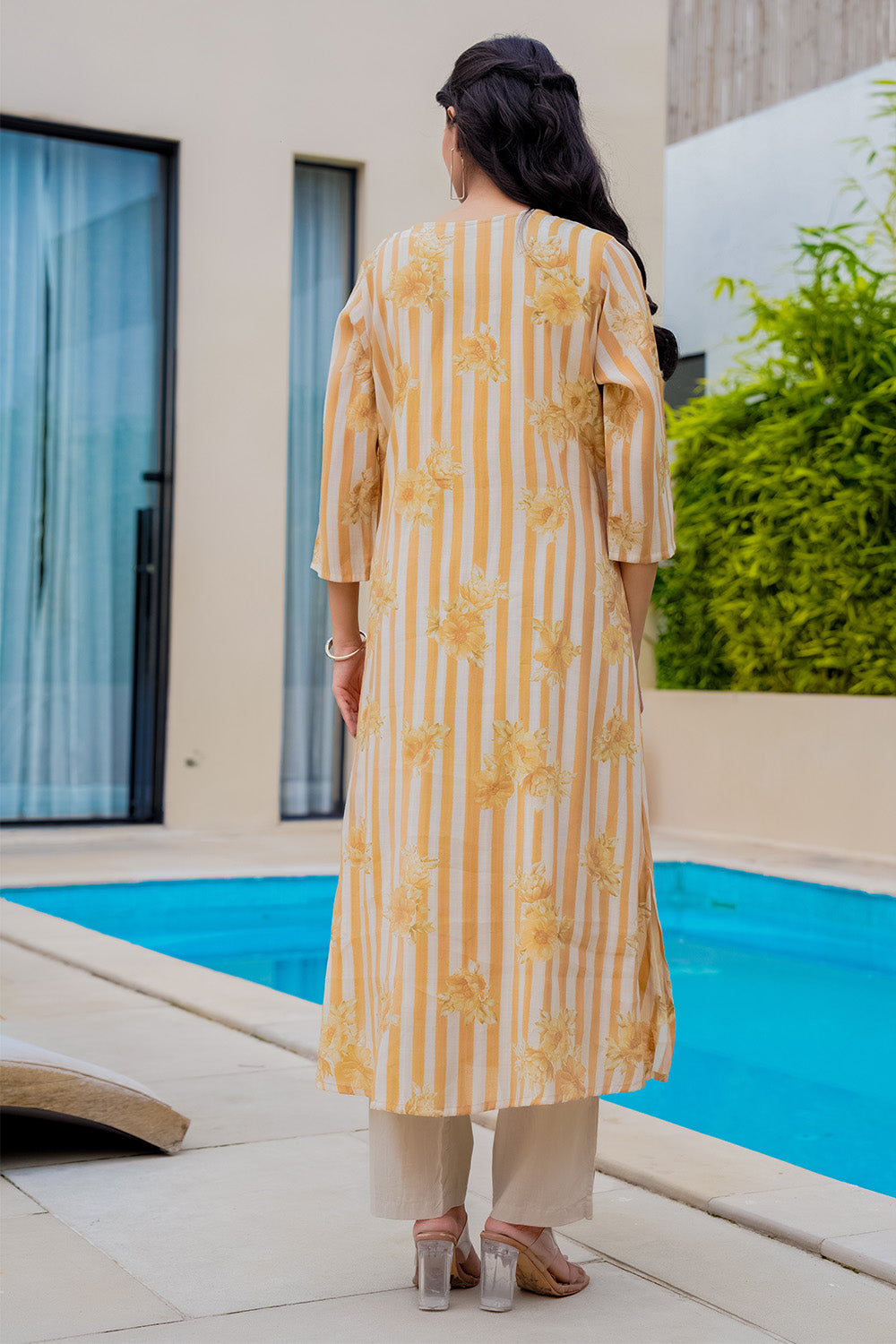 Mustard Muslin Floral Printed Kurta Set