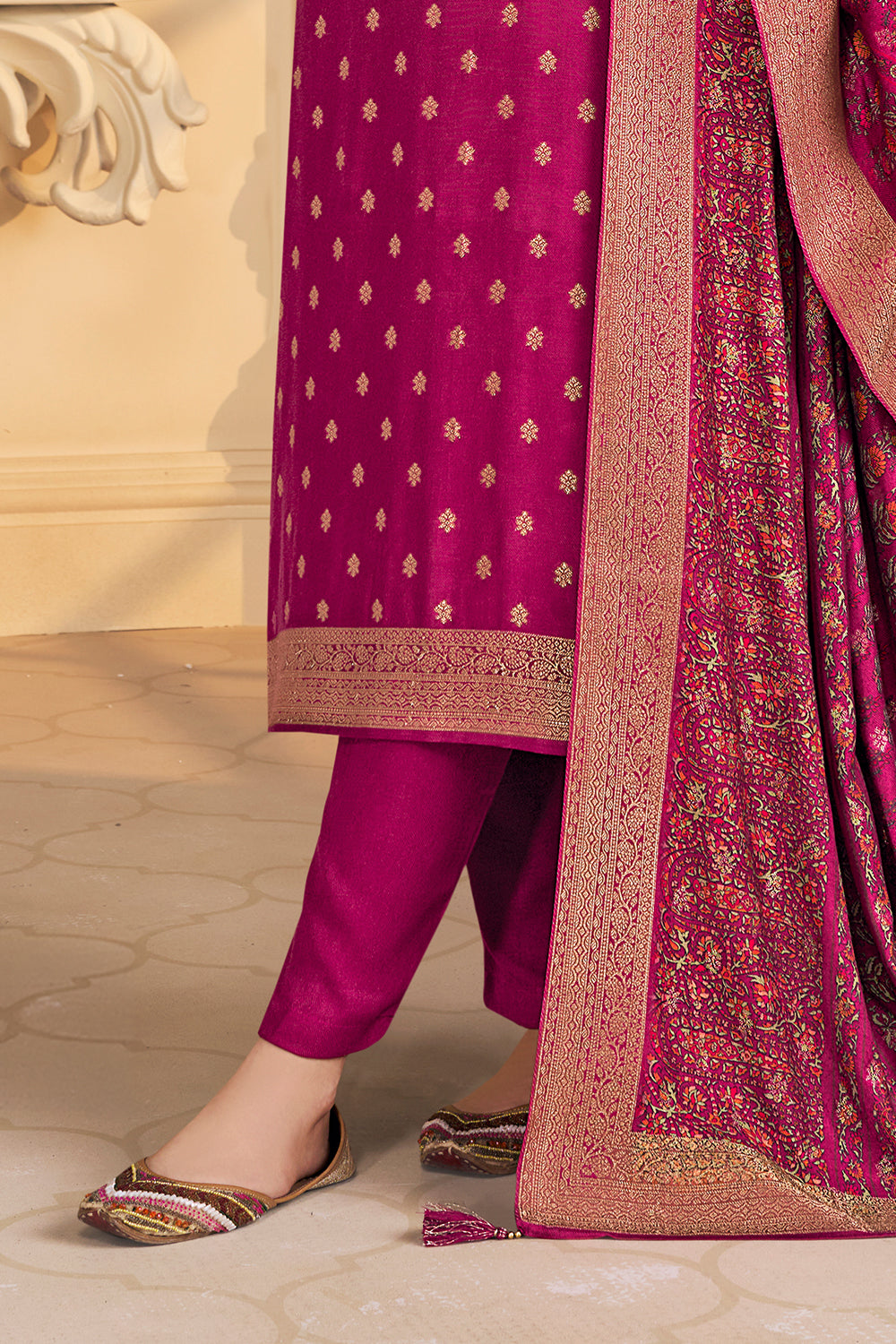 Magenta Pink Pashmina Zari Woven Unstitched Suit Fabric