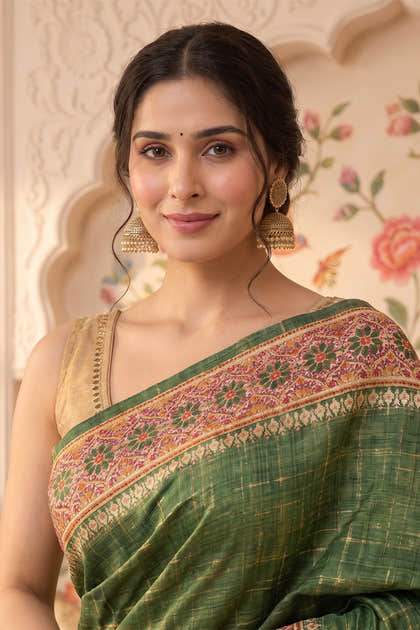 Green Tussar Silk Printed And Zari Taar Woven Saree