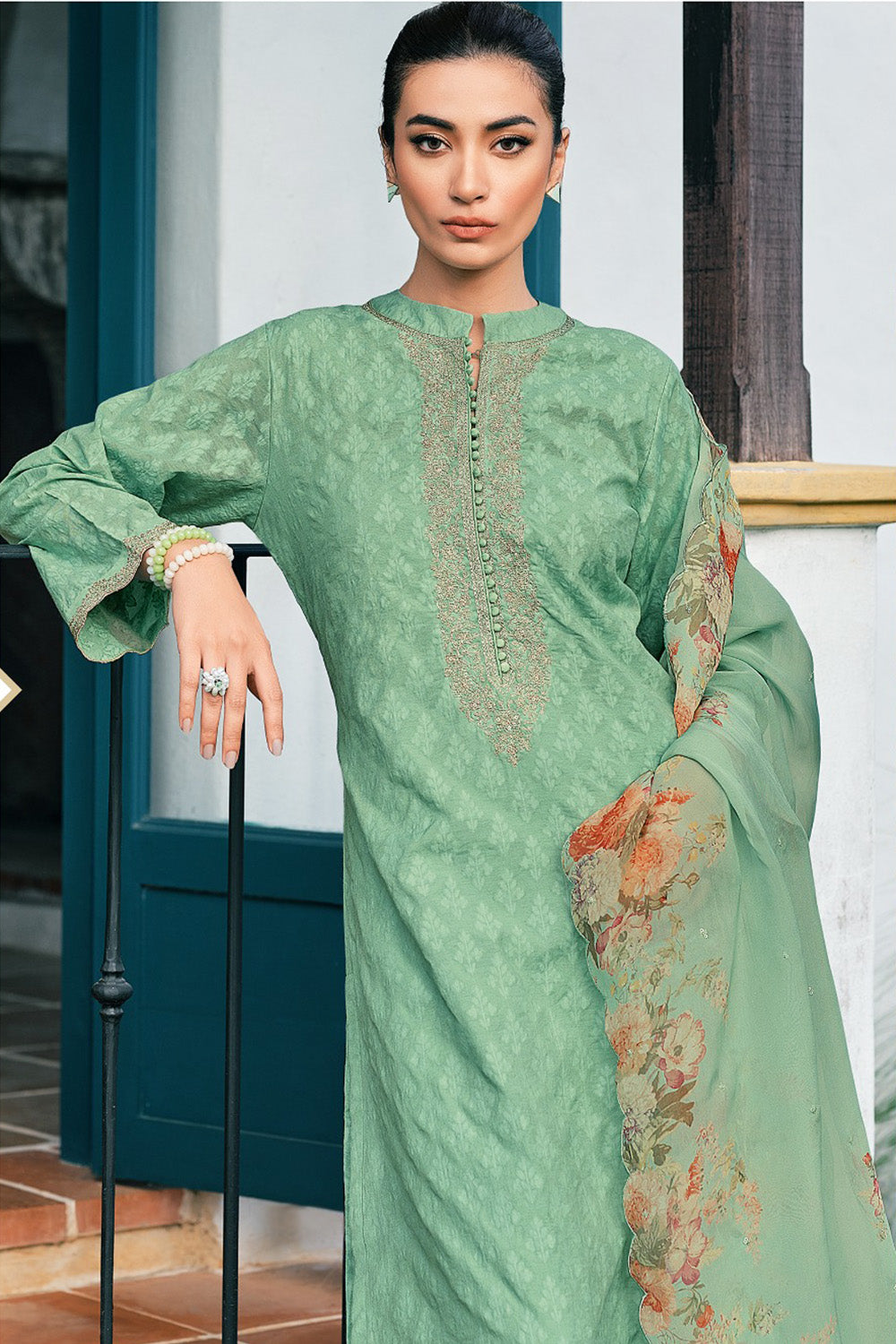 Sea Green Printed And Embroidered Cotton Unstitched Suit