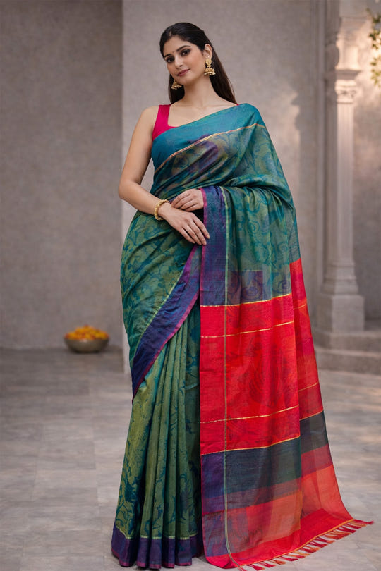 Green Chanderi Cotton Printes Saree