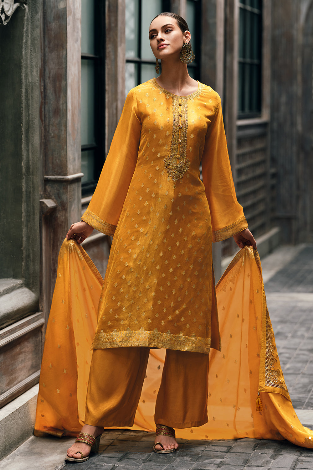 Mustard Color Organza Embroidered Unstitched Suit Material