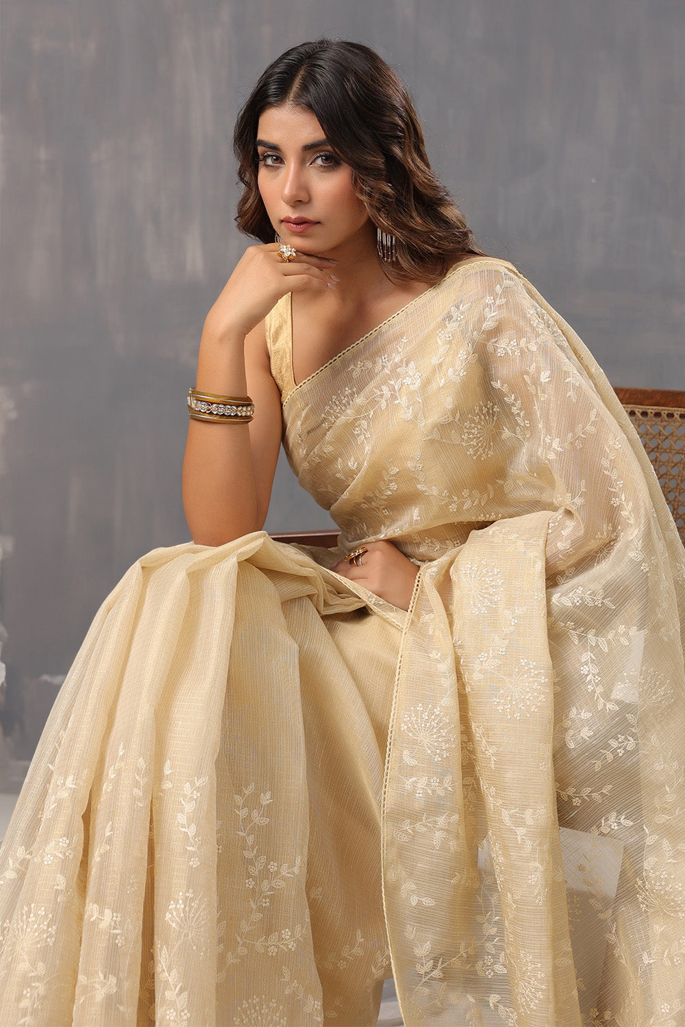 Beige Color Cotton Silk Thread Embroidered Saree