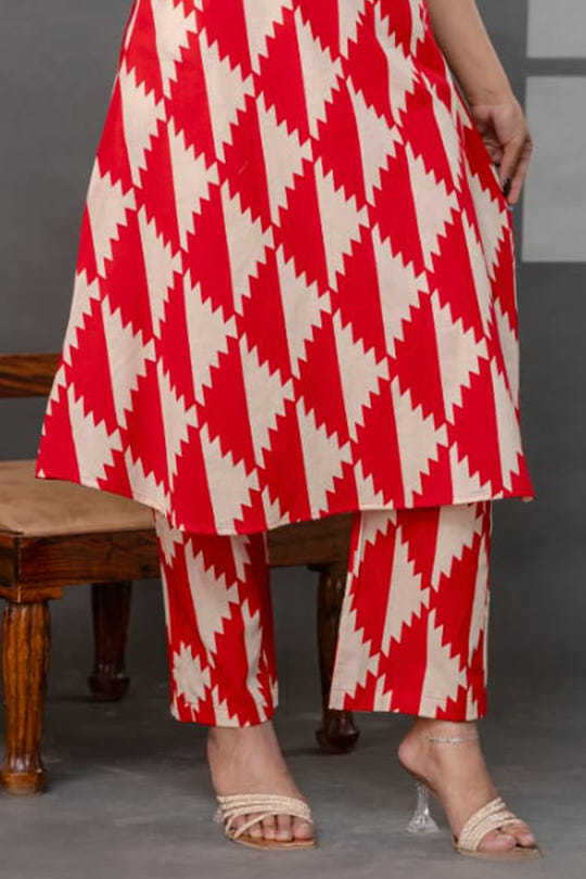 Beige And Red Printed Cotton Kurta Set