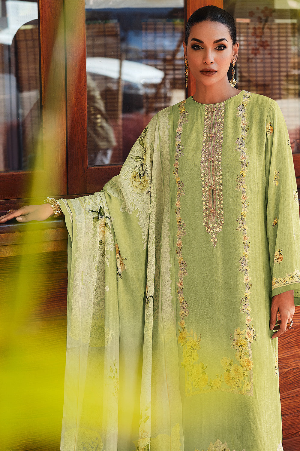 Green Color Crepe Silk Printed Unstitched Suit Material