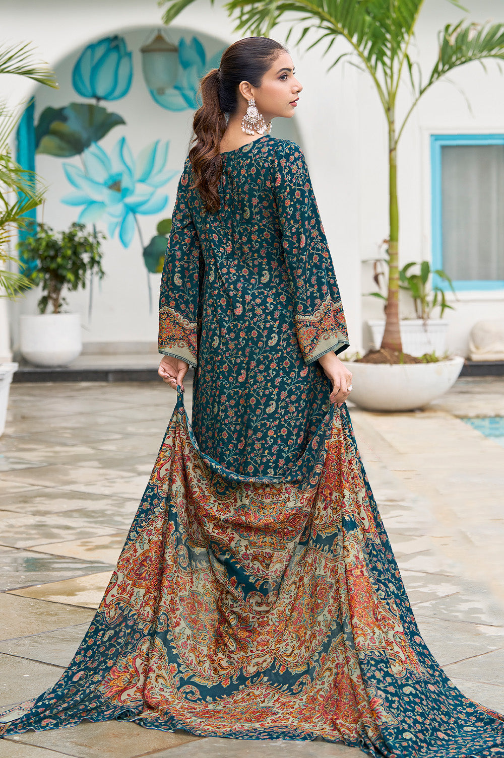 Teal Blue Muslin Floral Printed Unstitched Suit Material