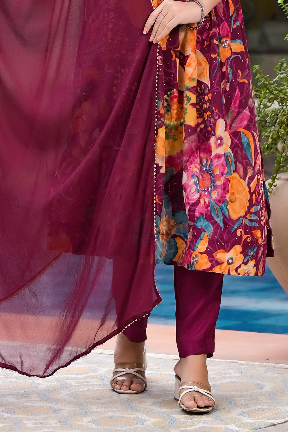 Wine Muslin Floral Printed & Neck Embroidered Suit
