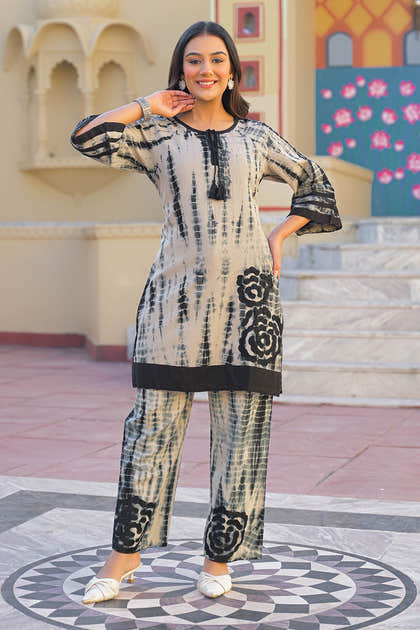 Black & Beige Cotton Shibori Printed Kurta Set