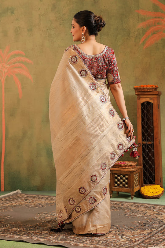 Beige Pure Tussar Embroidered Saree