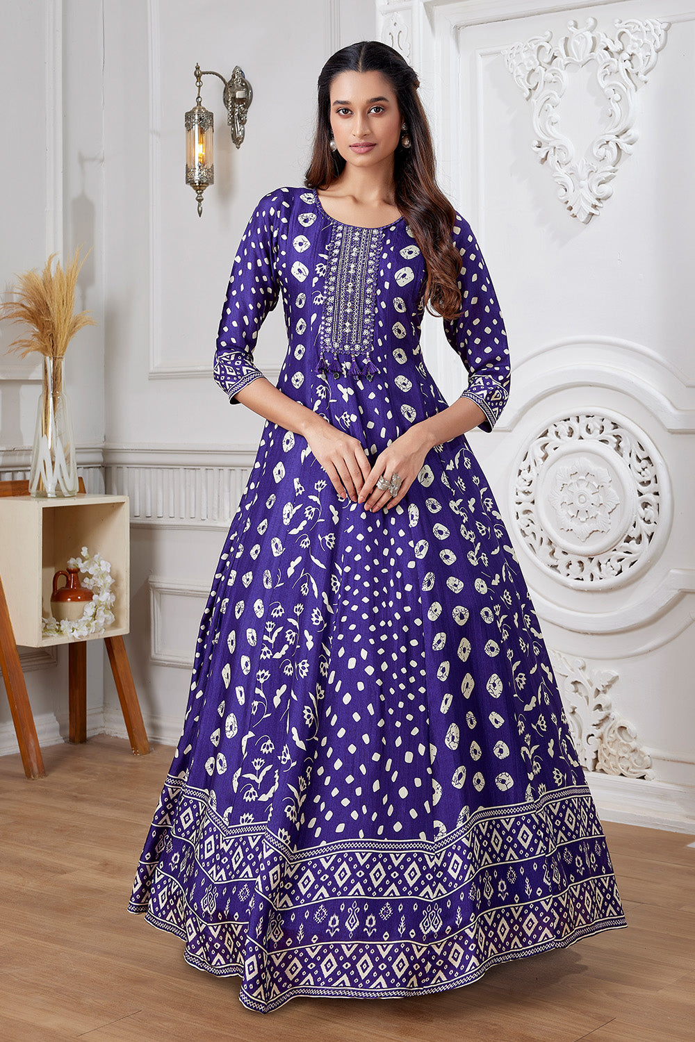 Dark Violet Color Crepe Silk Printed &amp; Neck Embroidered Anarkali Kurti