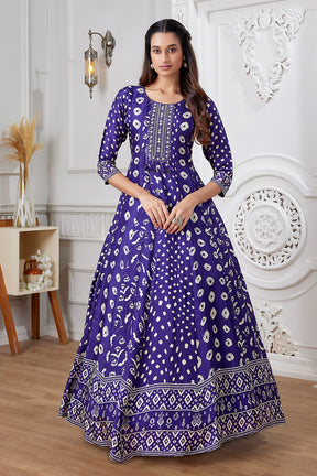 Dark Violet Color Crepe Silk Printed &amp; Neck Embroidered Anarkali Kurti